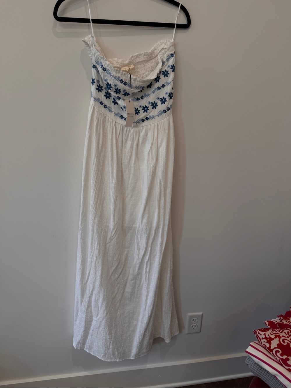 Promesa White Strapless Maxi Dress with Blue Floral Embroidery